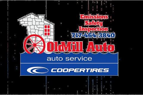 OldMill Auto Service logo with red wheel, building icon, Coopertires branding, and emissions inspection phone number 717-564-3880