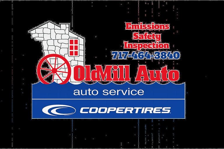 OldMill Auto Service logo with red wheel, building icon, Coopertires branding, and emissions inspection phone number 717-564-3880